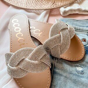 Women's Braided Crystal Flat Sandals | White